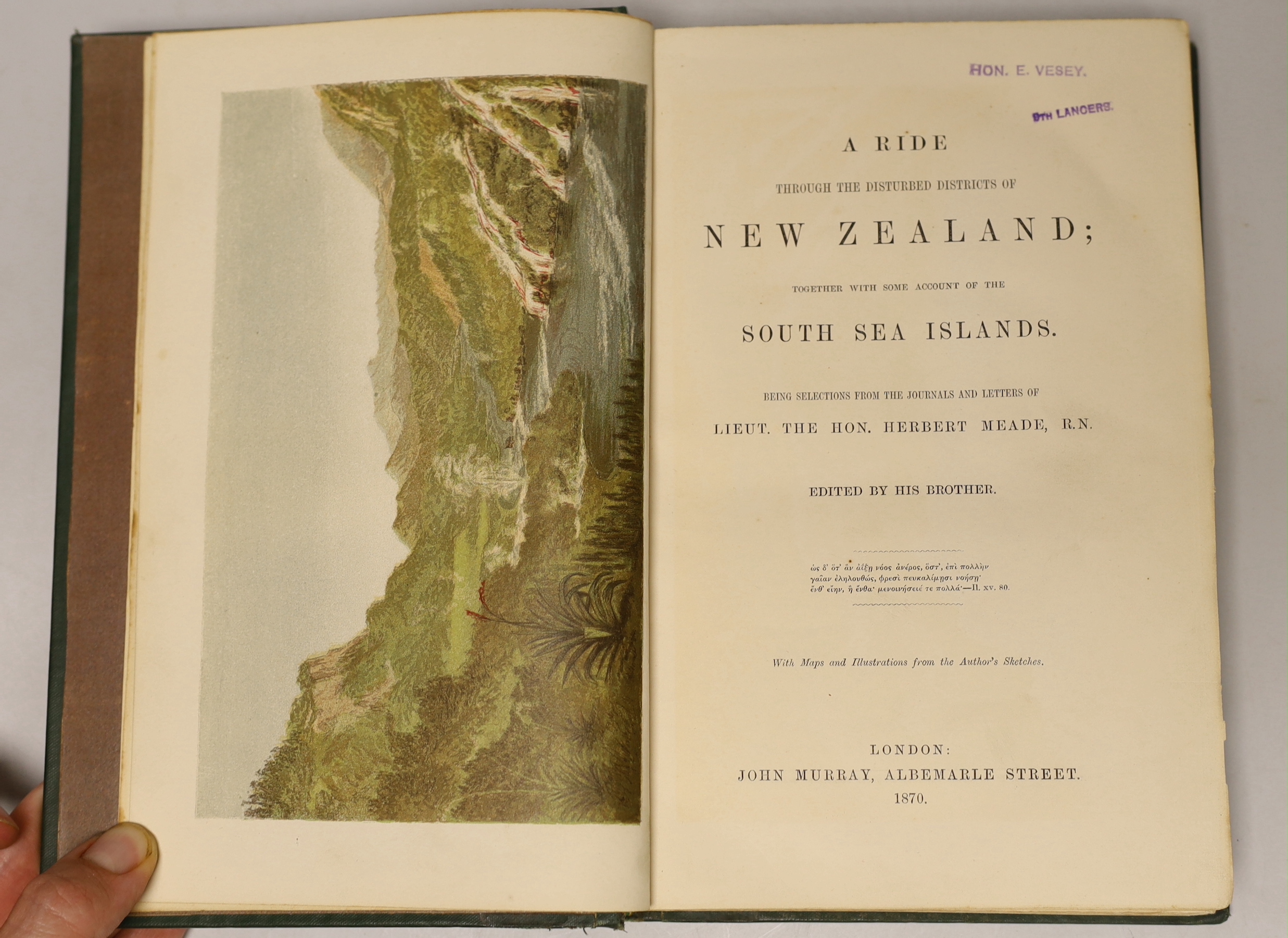 Meade, Lieut. the Hon. Herbert - A Ride through the Disturbed Districts of New Zealand; together with some account of the South Sea Islands. Being sketches from Letters and Journals.... Edited by his brother.